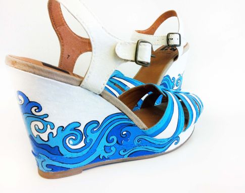 Custom Made Summer Hand Painted Shoes/  Summer Wedding Shoes/ Blue Wedges/Bridal Summer Shoes