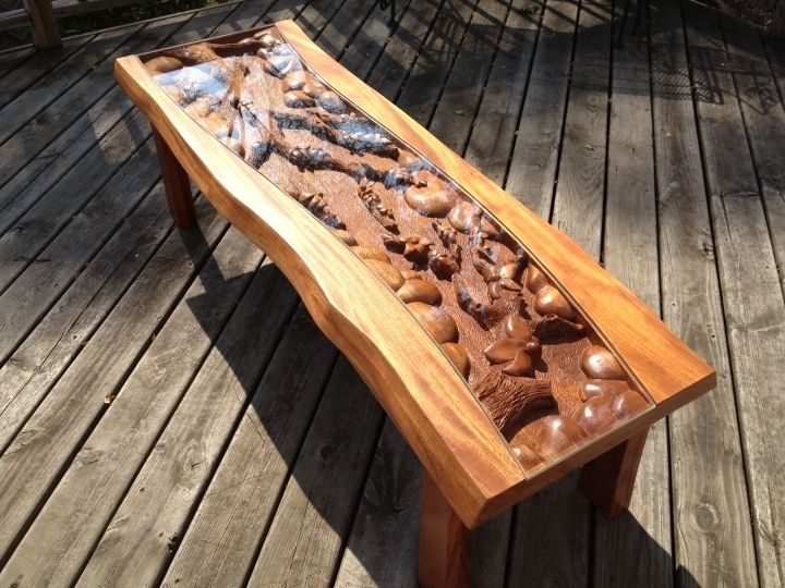 Handmade Custom Coffee Table With Blossom Tree Scene, Hand Carved By
