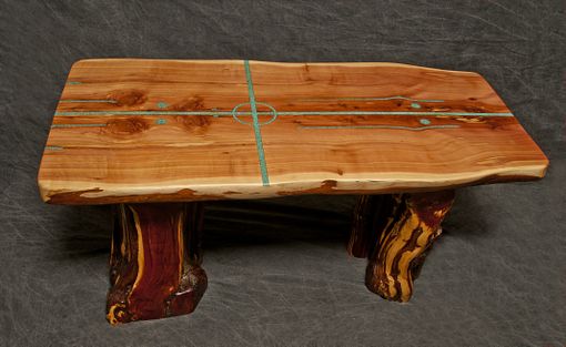 Custom Made Cedar Slab Table With Natural Living Edges And Four Directions Turquoise Inlay