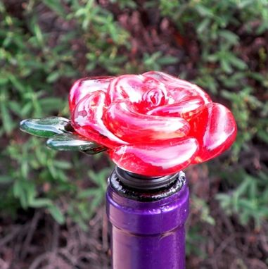 Custom Made Bottle Stopper Glass Rose Red Flower Stainless Steel