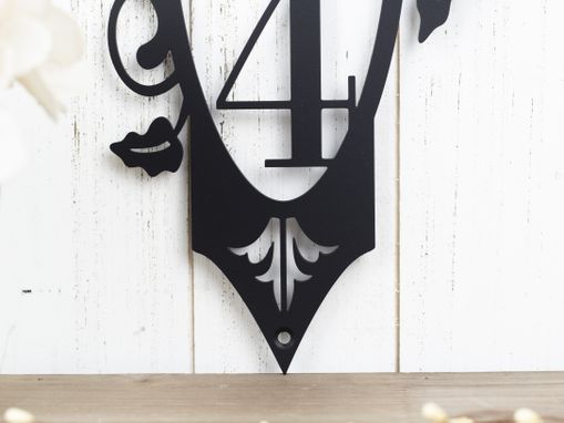 Custom Made Vertical Metal House Number Sign, Vines, 3 Digit - Matte Black Shown