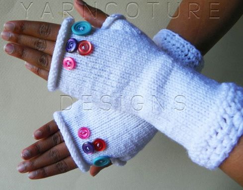 Custom Made Buttonz Hand Knit Fingerless Gloves/Mitts / Plain Jane Series In White