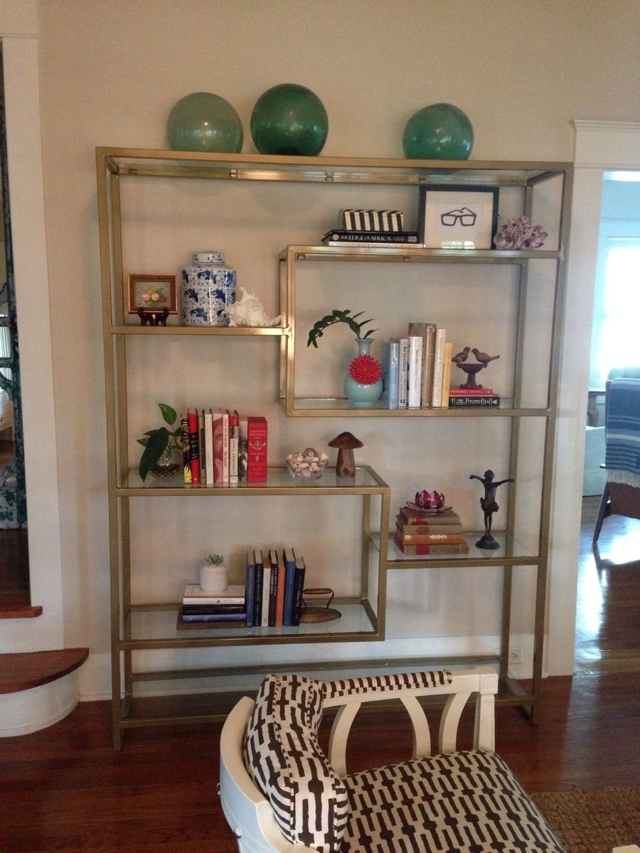 Hand Made Gold Bookshelf With Glass Shelving by Five Fork Studio