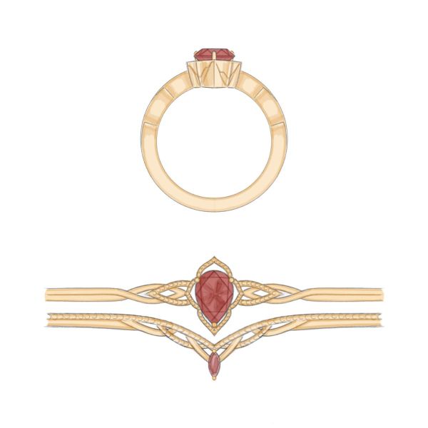 A red spinel sits on a yellow gold band in this fantasy-inspired bridal set that features a matching drop accent stone.