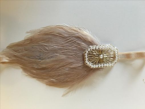 Custom Made Wedding Headpiece, Bridal Headband, 1920s Gatsby Wedding, Beige Feather, Champagne Headbands