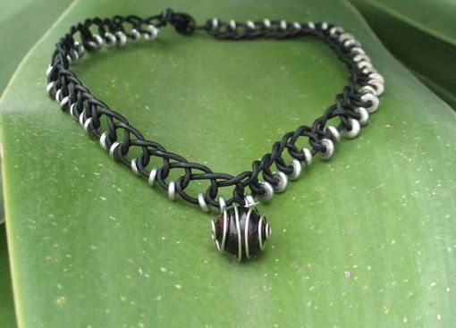 Custom Made Necklace / Choker:  Black Braided Leather Cord With Silver Beads And Spiral Pendant