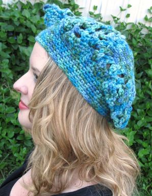 Custom Made Beret Hat, Teal, Soft, Lacy Crochet, Washable