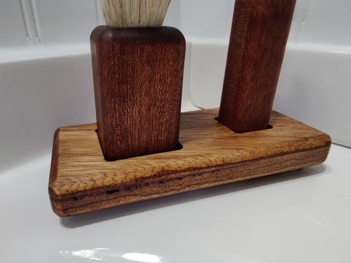 Custom Made Koa And Zebra Wood Safety Shaving Razor And Brush, With Stand