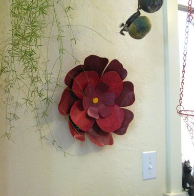 Custom Made Handmade Upcycled Metal Hibiscus Flower Wall Art In Dark Red And Pink