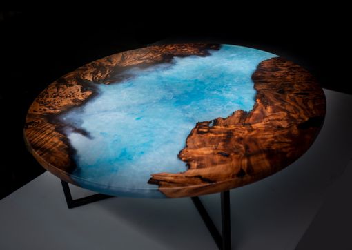 Custom Made Round Redwood And Blue Epoxy Coffee Table With Powder Coated Steel Base