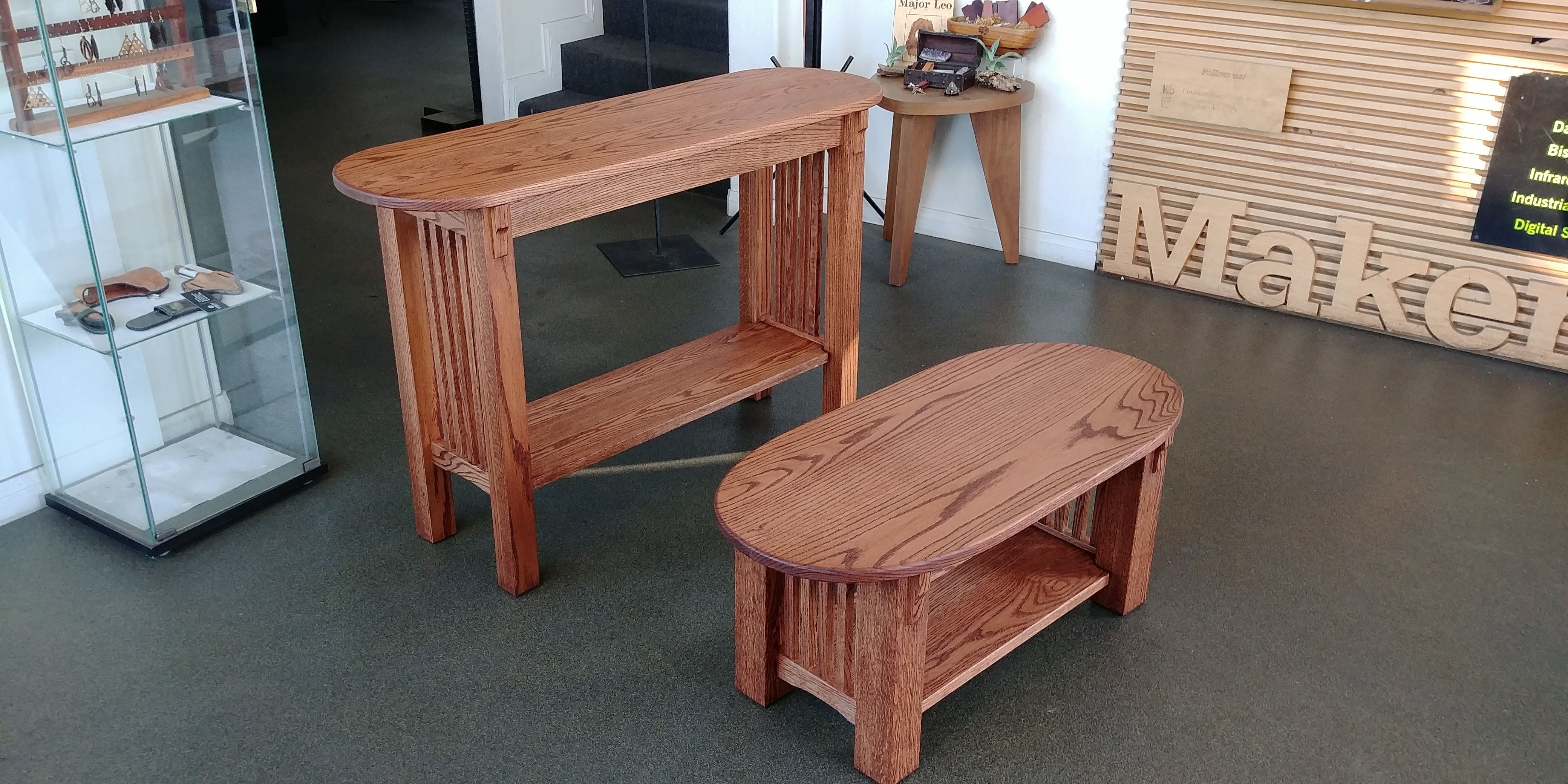 Hand Crafted Tracy's Stained Red Oak Coffee And Sofa Table Set by