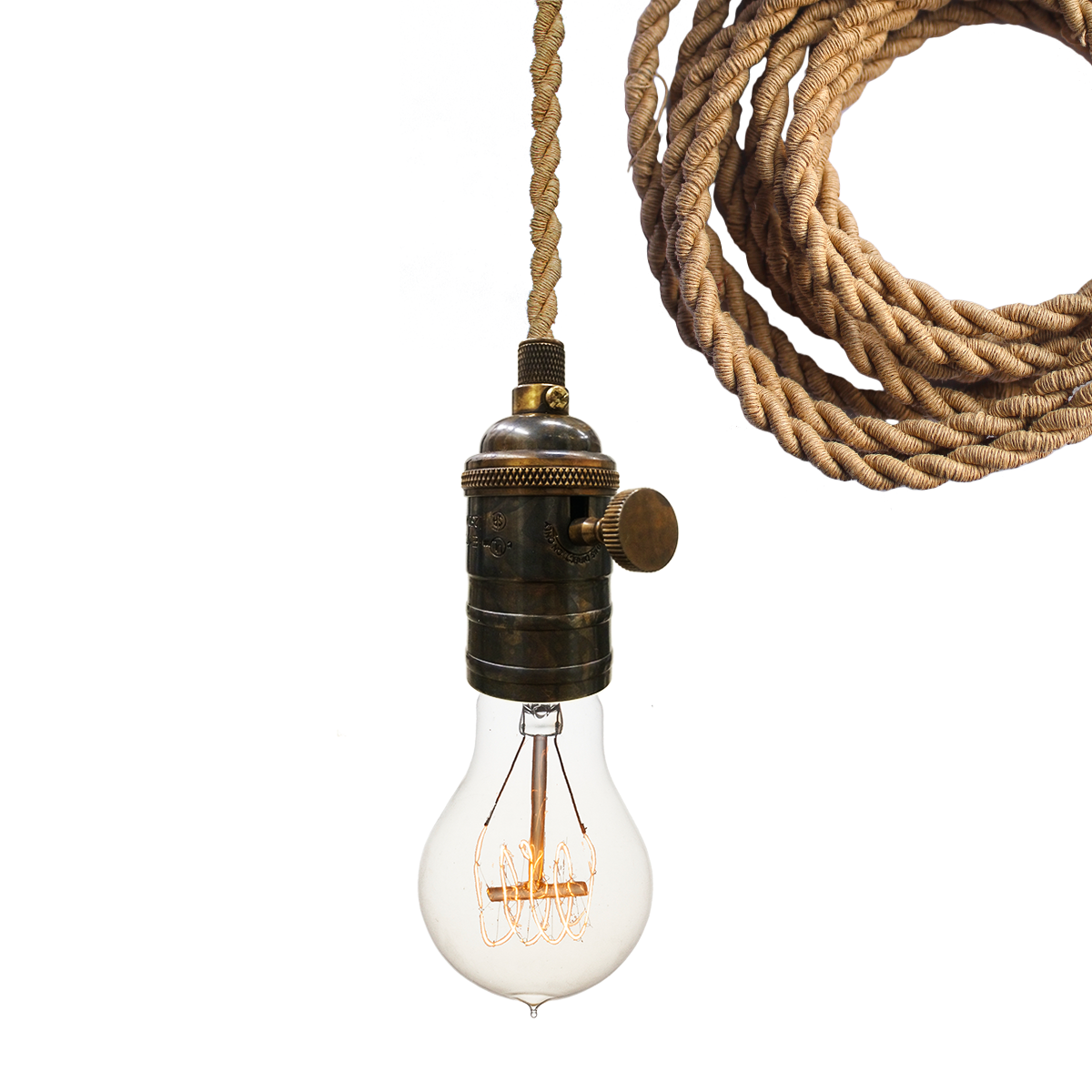 Hand Crafted Nautical Ship Rope Cloth Cord & Bronze Bare Bulb Pendant Light  by Hammers And Heels