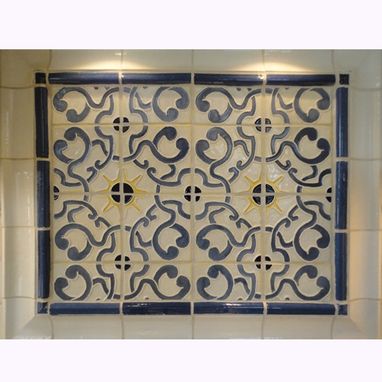 Custom Made Stoneware Tile Backsplash With Blue & Gold Centerpiece