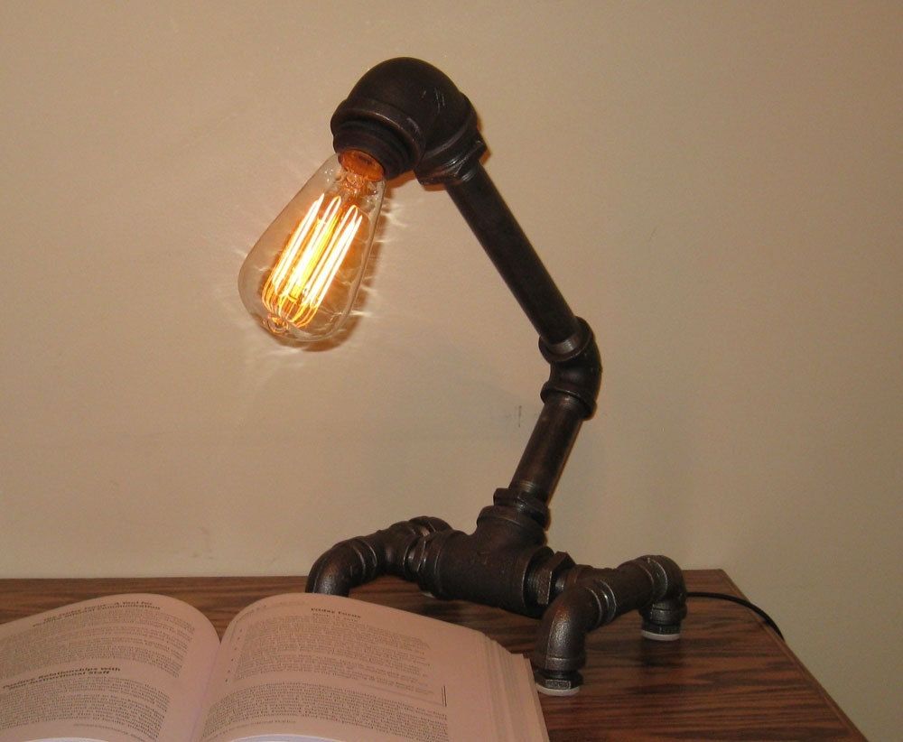 Custom Industrial Black Metal Pipe Desk Lamp W/ Touch Dimmer, Edison
