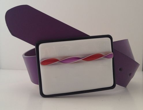 Custom Made White With Purple And Red Ribbon, Fused Glass Belt Buckle