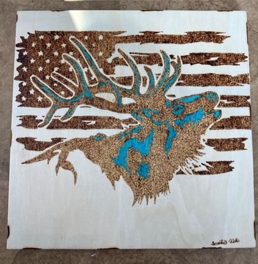 Custom Made Bull Elk In A Americna Flag Wood Burning