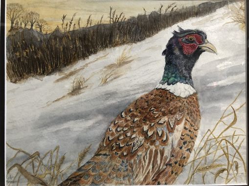 Custom Made Original Watercolor Winter Scene Featuring Pheasant