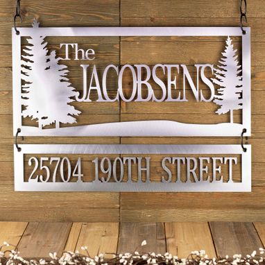 Custom Made Custom Name And Address Metal Sign, Pine Trees, Outdoor Sign, Metal Wall Art, House Number