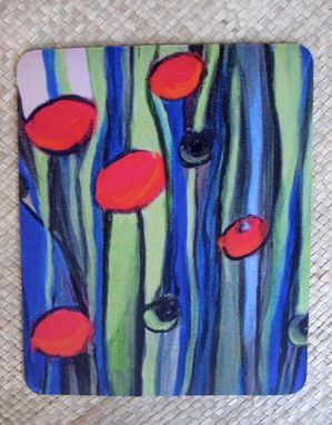 Custom Made Mousepad Poppies Artwork Mouse Pad With Original Art- Red Blue Green Black By Devikasart