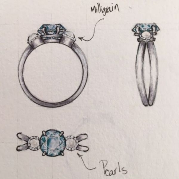 Sketches for a pearl and aquamarine ring with milgrain bezels and a beautiful butterfly shank.
