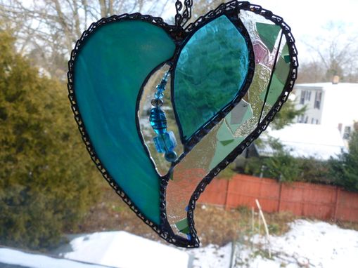 Custom Made Iridescent Teal And Turquoise Stained Glass Heart With Beads And Crystals