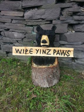 Custom Made Chainsaw Carved Stump Bear Holding A Sign