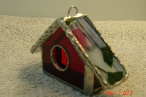 Custom Made Empty Nest Bird House Ornament In Classic Red With Pink / Green Streamer Roof
