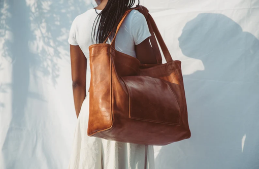 Custom Made Leather Tote Bag, Soft Leather Campus Bag, Weekender Bag, Large Tote With Pocket