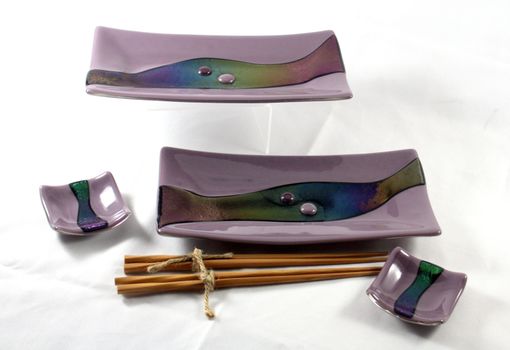 Custom Made Purple And Iridescent Black Glass Sushi Set For Two