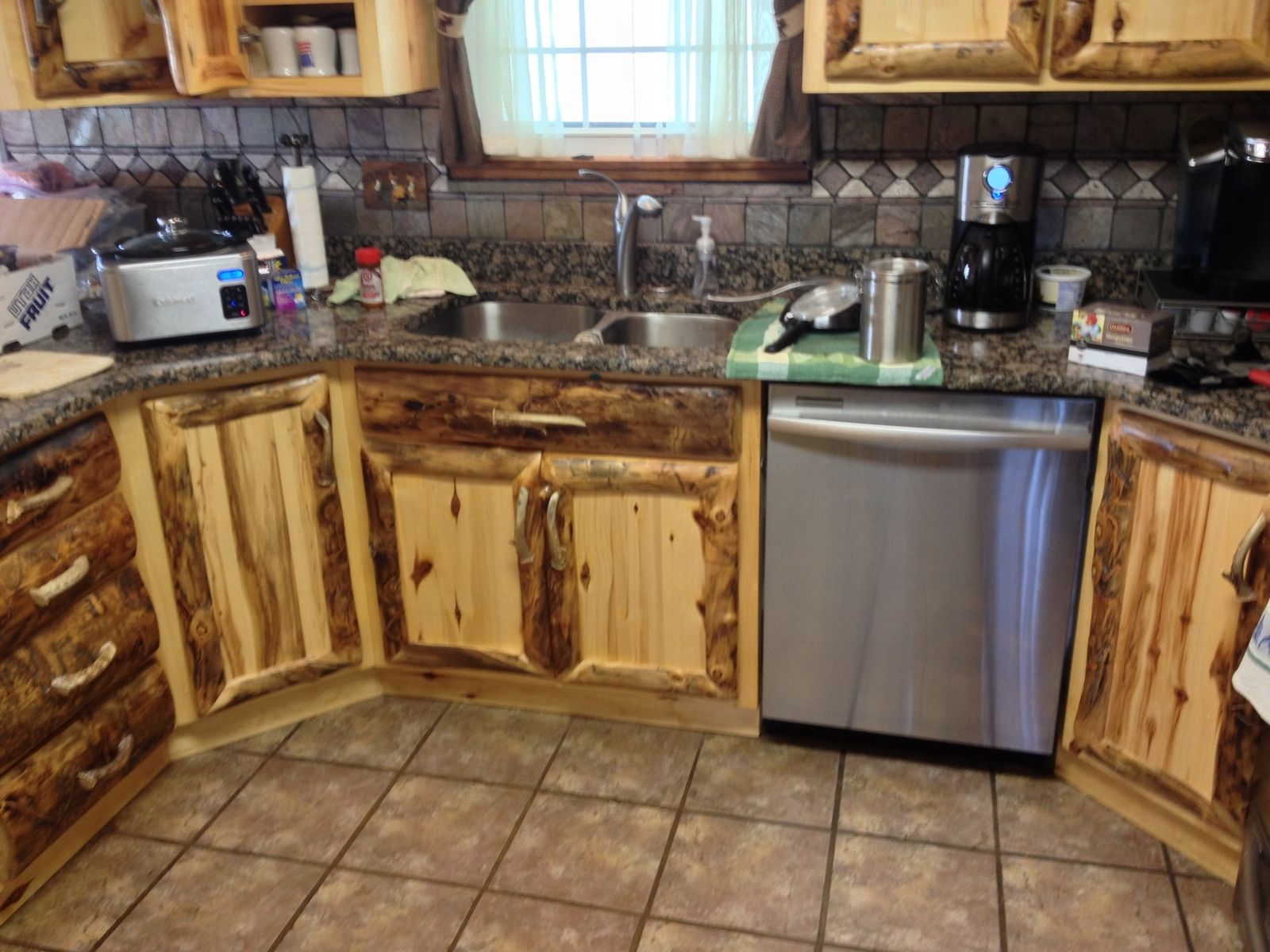 Hand Crafted Rustic Aspen Log Kitchen And Built In Wall Spice