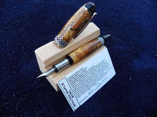 Custom Made Fountain Pen In Beautiful Chrome And Spalted Maple Burl With 3-D Sculpted Band