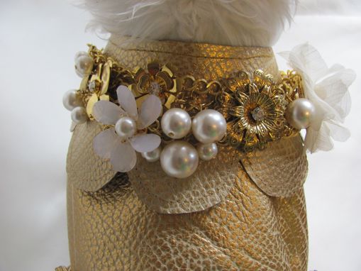 Custom Made Gold Scalloped Shells & Jeweled Flowers On Leather Dog Coat