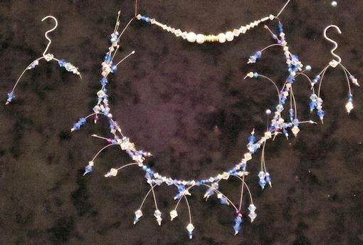 Custom Made Beaded Crystal Necklace And Earrings; Blue, Crimson, And Lilac Swarovski Crystals.