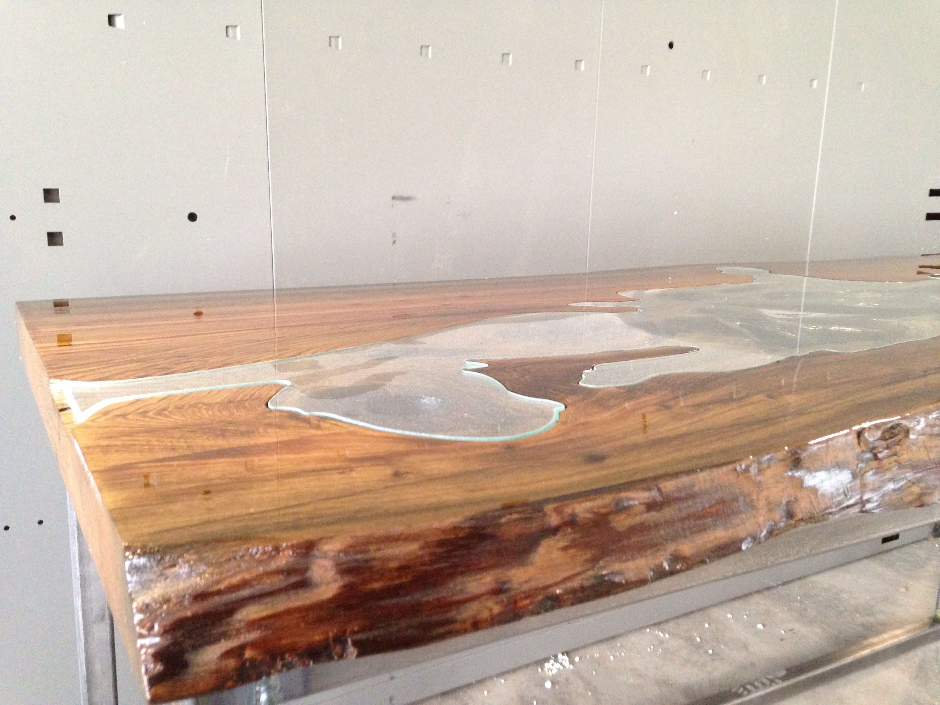 Custom Made Glass Wood Coffee Table by Broken Spike Mfg.
