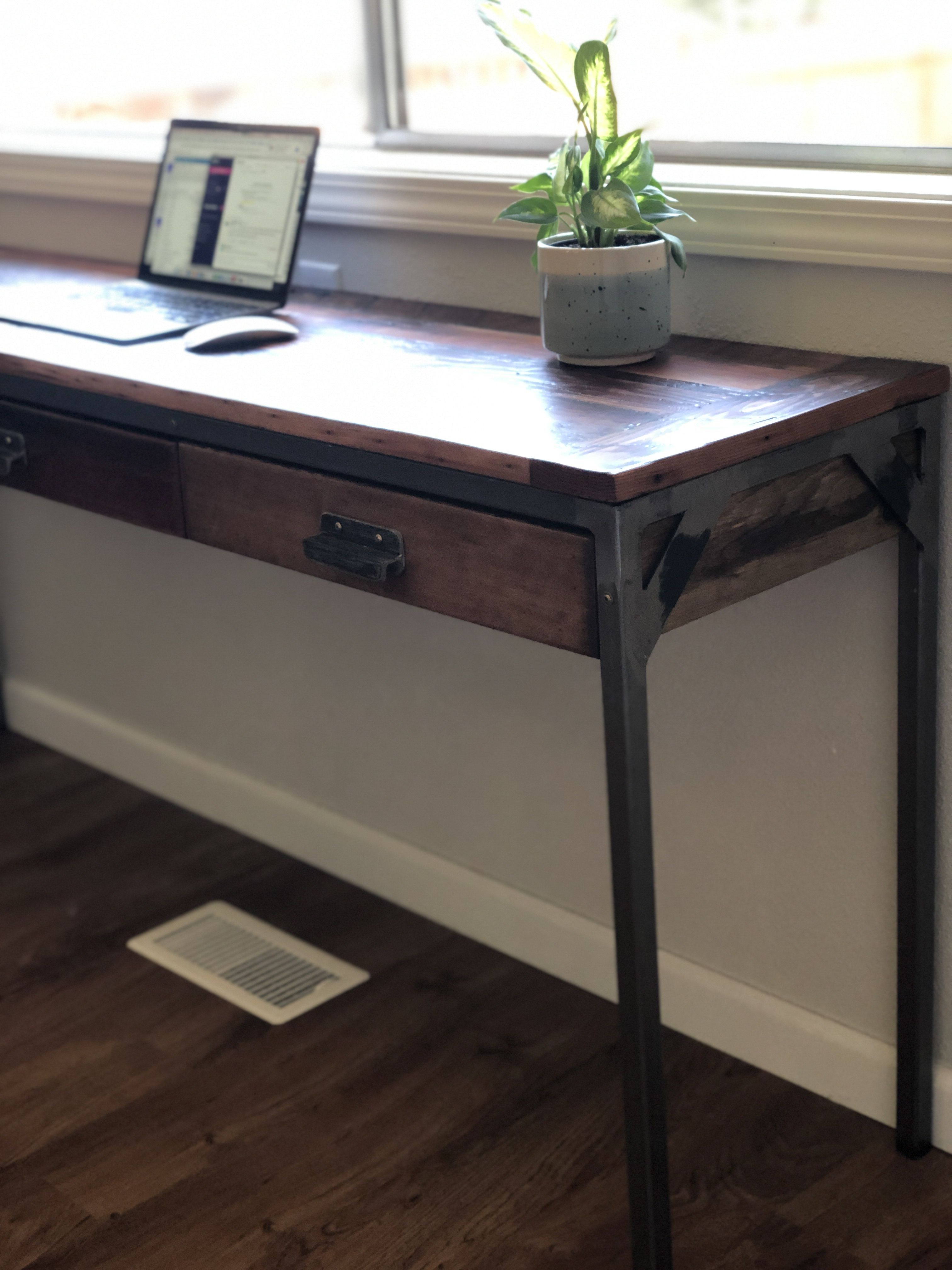 Hand Crafted Reclaimed Wood & Steel Desk 3 Drawers, Douglas Fir by