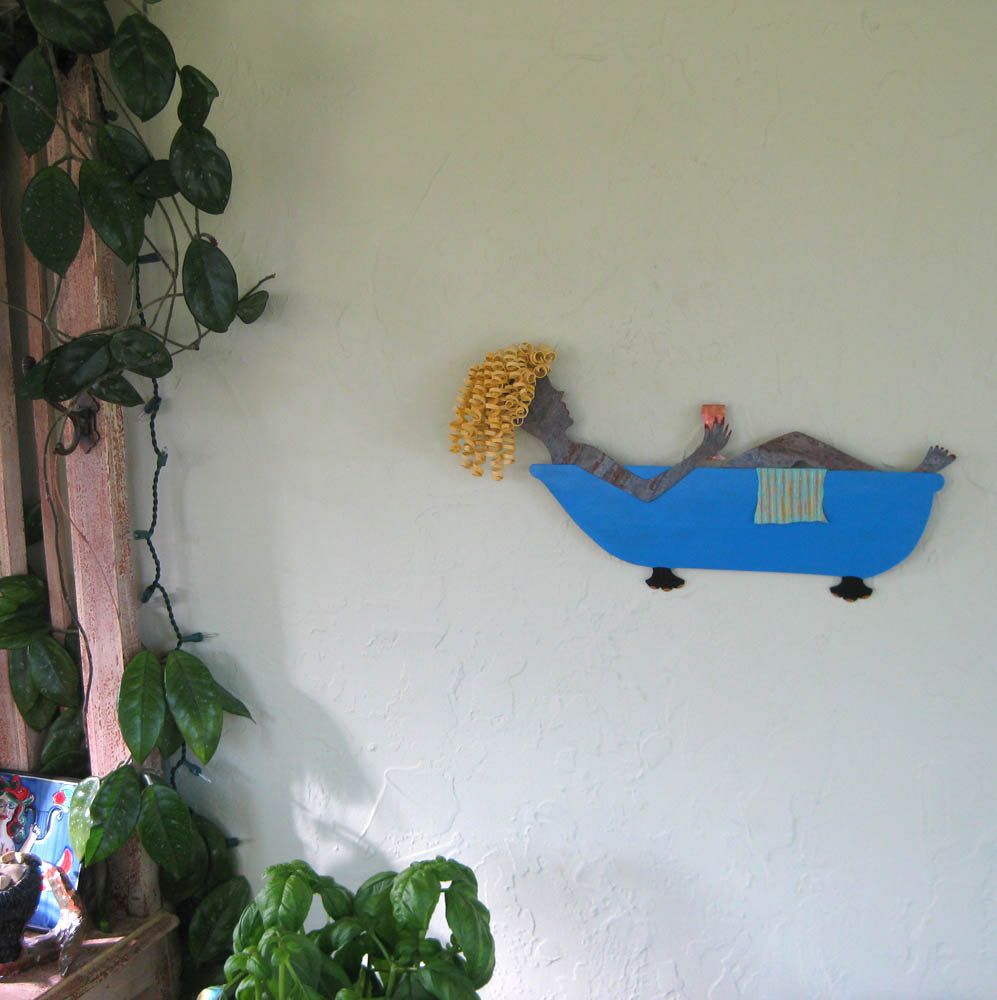 Custom Art Metal Wall Decor Bathtub Lady Recycled Metal Wall Sculpture Bathroom Decor Blonde by