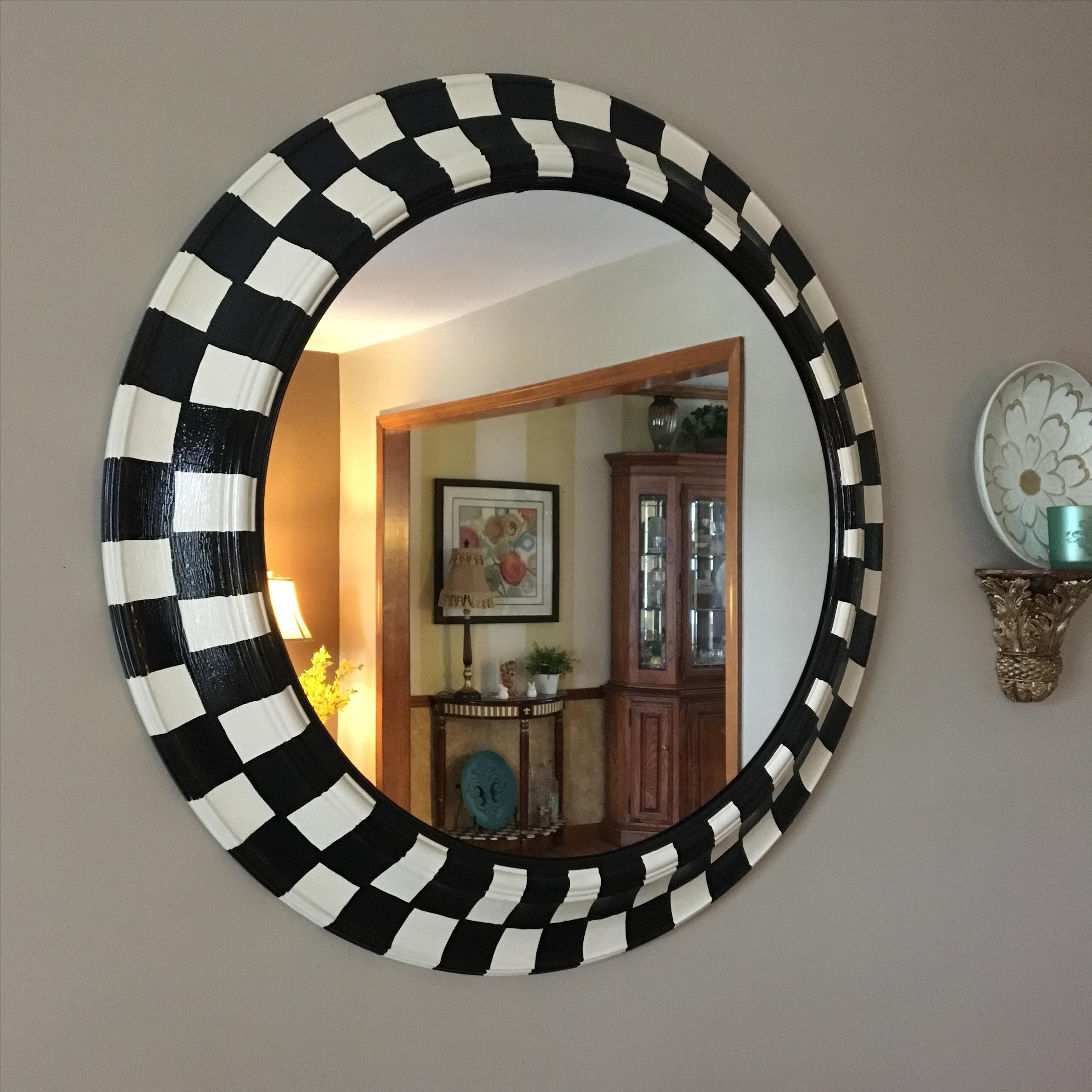 Hand Crafted Whimsical Painted Round Mirror, Black And White Checkered