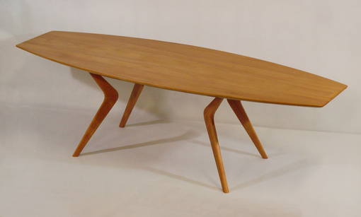 Custom Made Modern Coffee Table, Boomerang Leg Design With Surfboard Top. Mid-Century, Danish Design Influence.