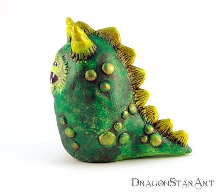 Custom Made Clay Dragon Sculpture Green Gold Yellow Painted Polymer Clay