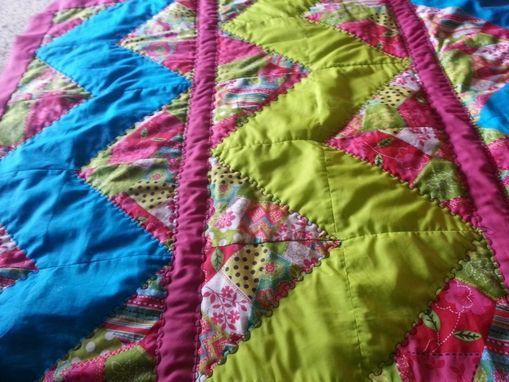 Custom Made Pink, Teal & Lime Green Chevron Crib Sized Quilt