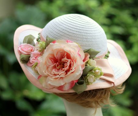 Custom Made Wide Brim White Straw Summer Peach Flowered Hat  For Weddings And Special Ocassions