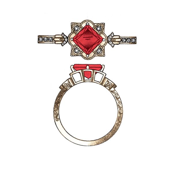Design sketch for a unique, vintage-inspired ring with a kite-set ruby and baguette diamond halo.