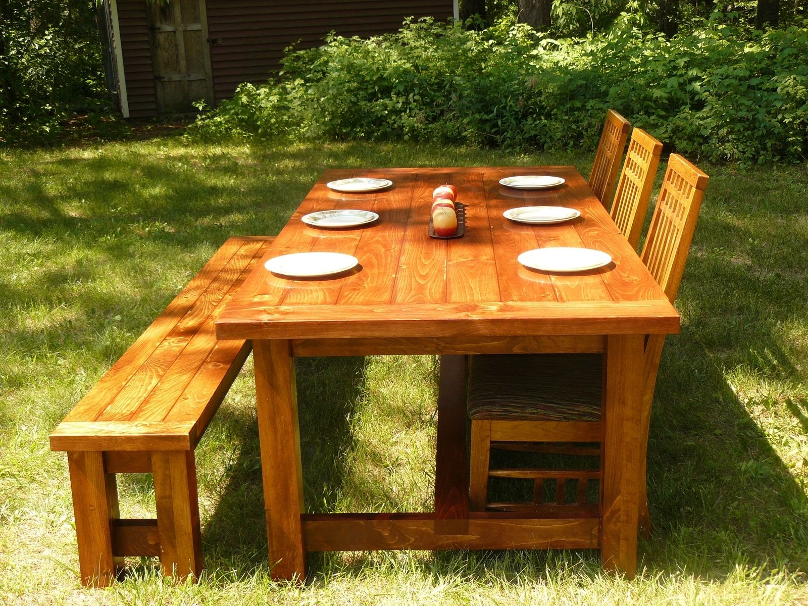 Hand Crafted White Pine Farmhouse Style Dining Table And Bench by