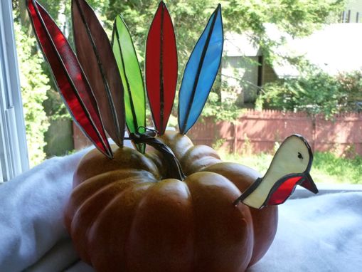 Custom Made Stained Glass Turkey Head And Multicolored Feathers
