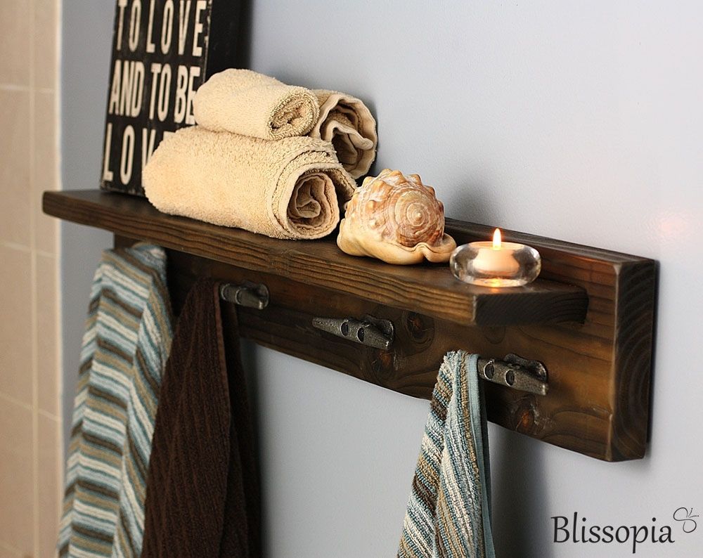 Hand Made Bath Shelf With Boat Cleat Towel Hooks by Blissopia