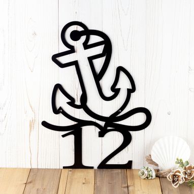 Custom Made Nautical House Number Metal Sign With Boat Anchor Silhouette
