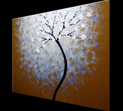Custom Made Original Abstract Tree Painting, Textured Cherry Blossom Flowers, Metallic White Impasto Floral