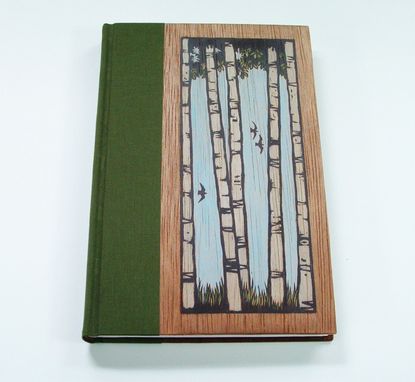 Custom Made Handmade Book, Bound In Woven Book Cloth, And Wood, With Original Block Print Art On Cover