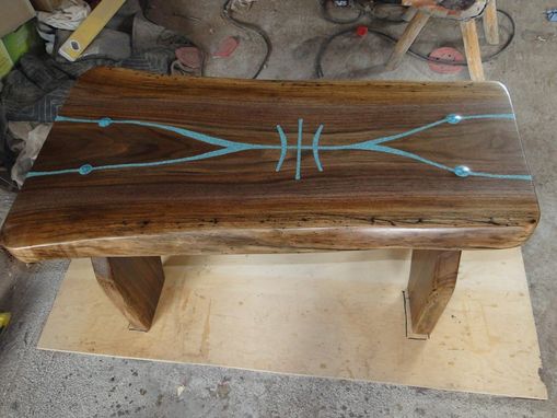 Custom Made Black Walnut Slab Bench With Free Hand Turquoise Carving And Inlay "Spirit Chaser/Protection"