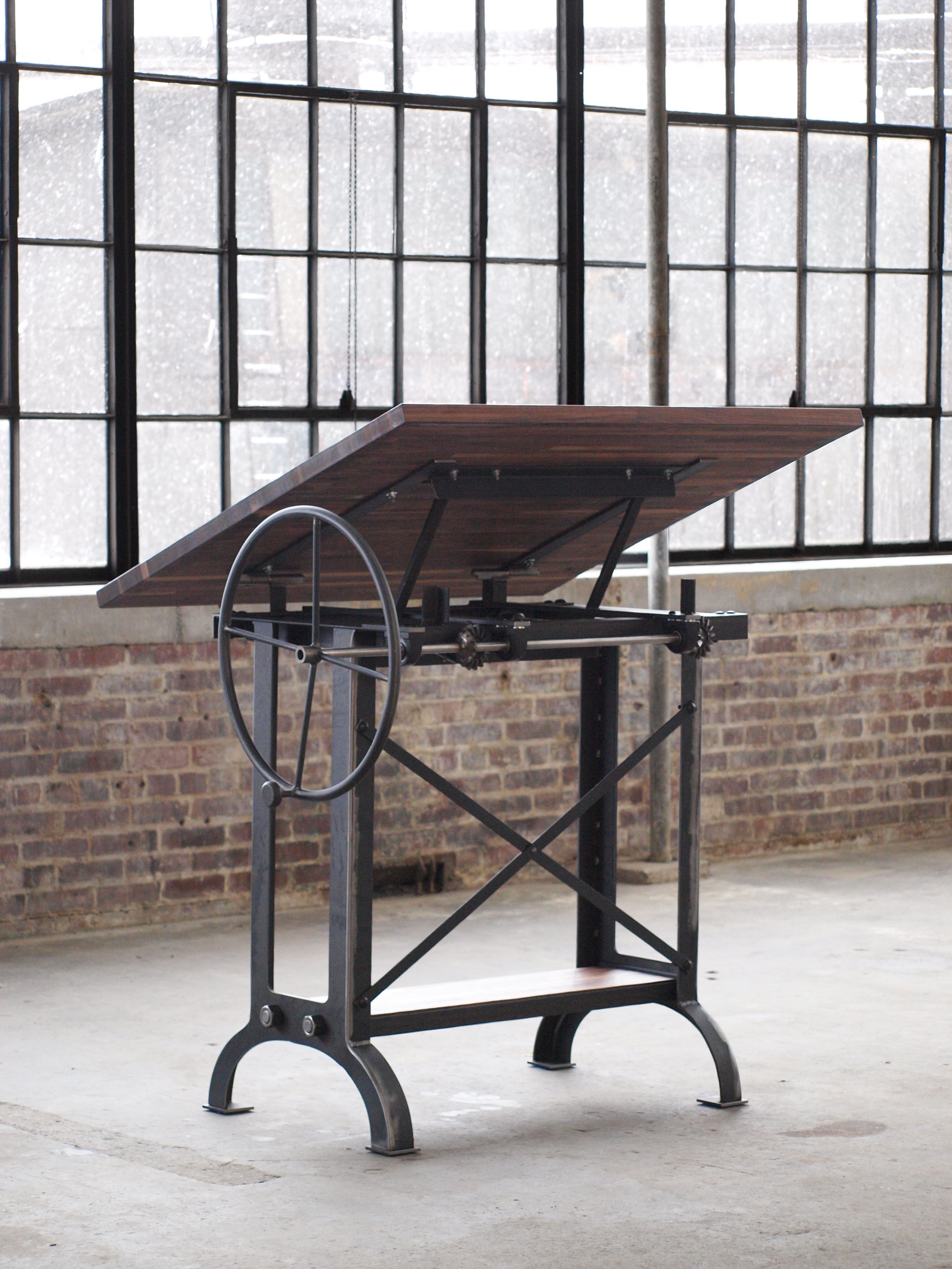 Hand Made Large Walnut Industrial Drafting Table Desk by
